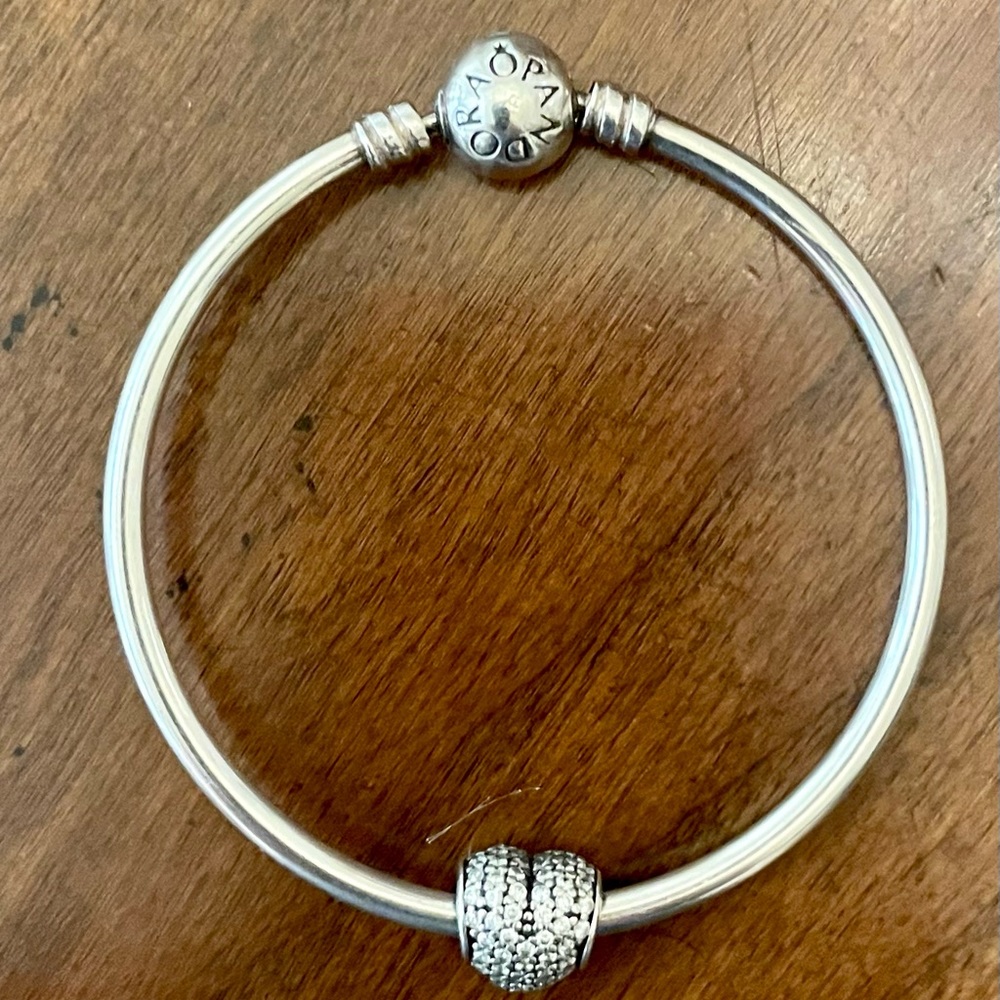 Pandora Bangle Bracelet with crystal heart charm
